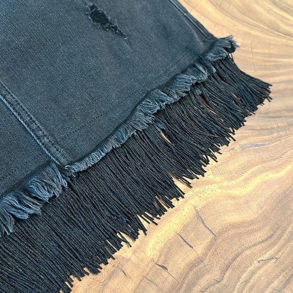Express Straight Mini mid rise jean skirt with fringe - Picture 5 of 15